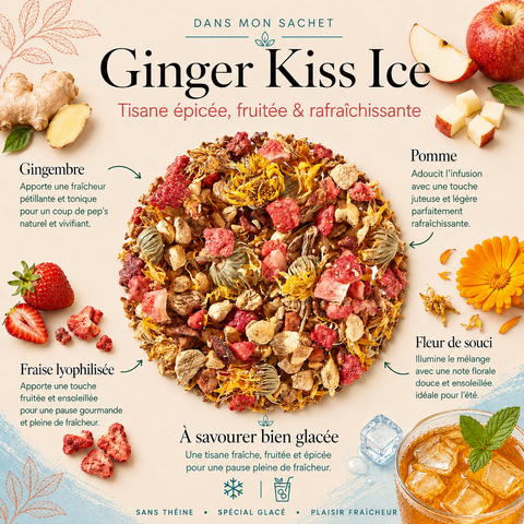 Ginger Kiss Ice, tisane glacée sans théine au gingembre, pomme et fraise, idéale pour une pause fraîche, fruitée et épicée à la place d’une boisson trop sucrée.