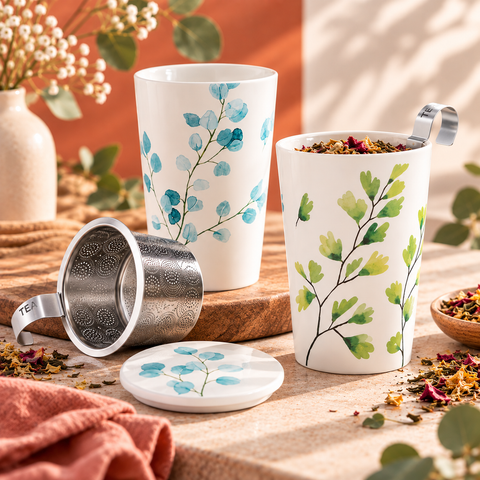 Tisanières Teaeve Trees bleu et vert en porcelaine avec filtre à thé en acier inoxydable et couvercle assorti